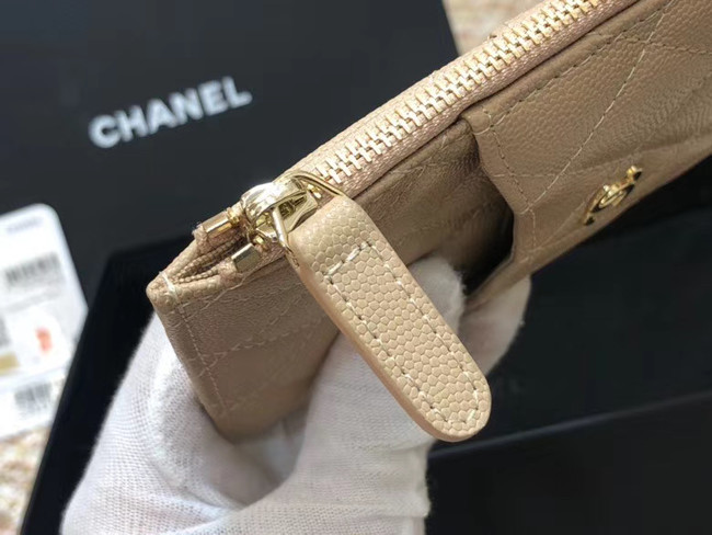 Chanel Calfskin Leather Card packet & Gold-Tone Metal A81598 beige