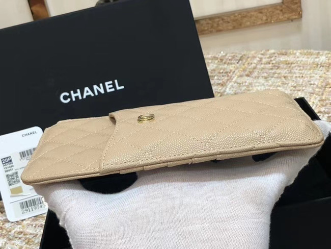 Chanel Calfskin Leather Card packet & Gold-Tone Metal A81598 beige