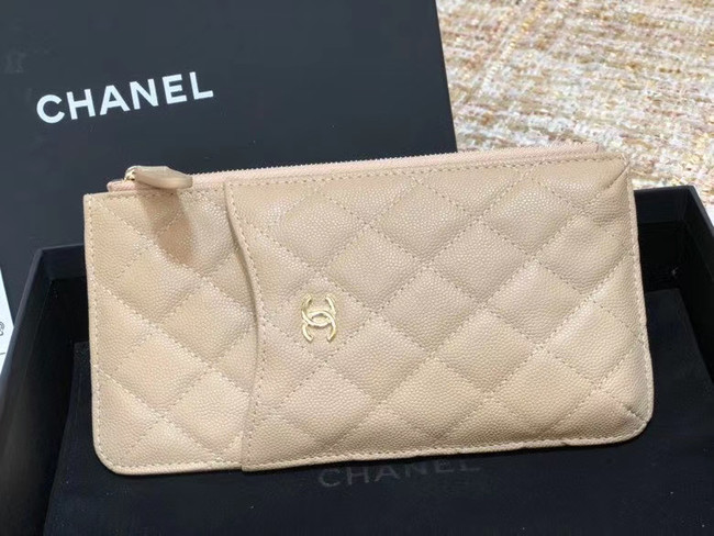 Chanel Calfskin Leather Card packet & Gold-Tone Metal A81598 beige