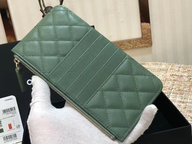 Chanel Calfskin Leather Card packet & Gold-Tone Metal A81598 green