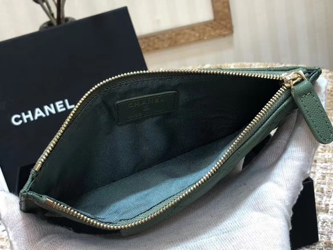 Chanel Calfskin Leather Card packet & Gold-Tone Metal A81598 green