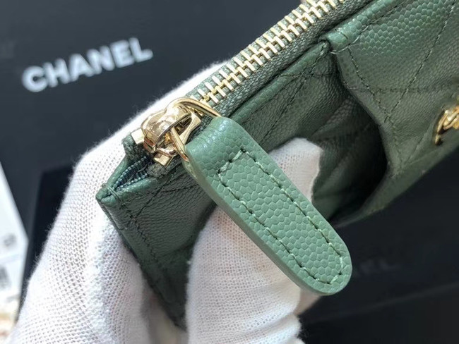 Chanel Calfskin Leather Card packet & Gold-Tone Metal A81598 green