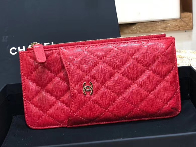 Chanel Calfskin Leather Card packet & Gold-Tone Metal A81598 red