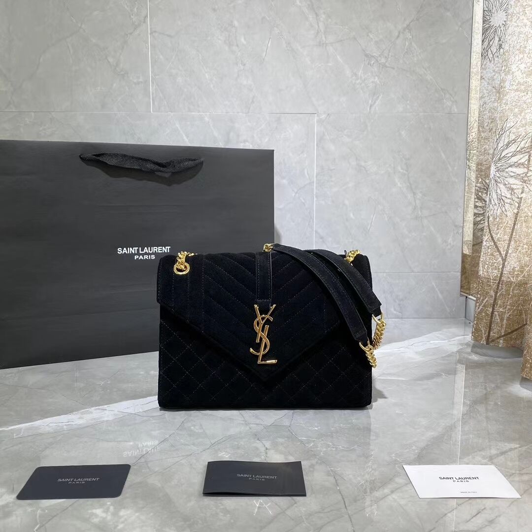 YSL ENVELOPPE MEDIUM BAG IN MIX MATELASSE GRAIN DE POUDRE EMBOSSED IN SUEDE Y487206 black 