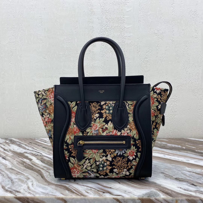 CELINE MICRO LUGGAGE BAG IN FLORAL JACQUARD AND CALFSKIN 167793 BLACK