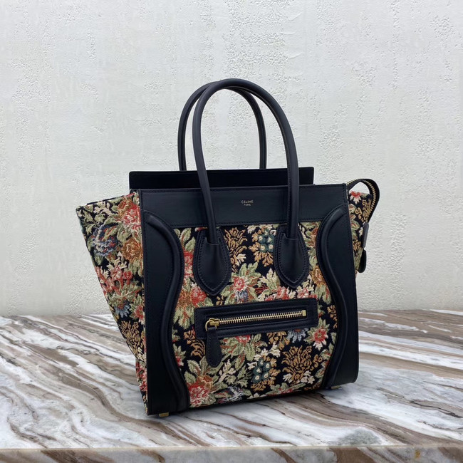 CELINE MICRO LUGGAGE BAG IN FLORAL JACQUARD AND CALFSKIN 167793 BLACK