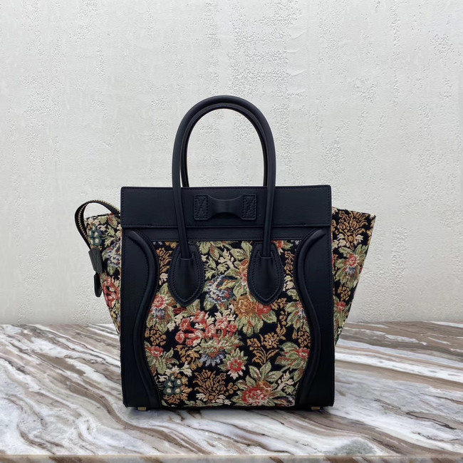 CELINE MICRO LUGGAGE BAG IN FLORAL JACQUARD AND CALFSKIN 167793 BLACK