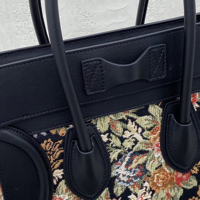 CELINE MICRO LUGGAGE BAG IN FLORAL JACQUARD AND CALFSKIN 167793 BLACK