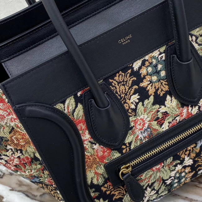 CELINE MICRO LUGGAGE BAG IN FLORAL JACQUARD AND CALFSKIN 167793 BLACK