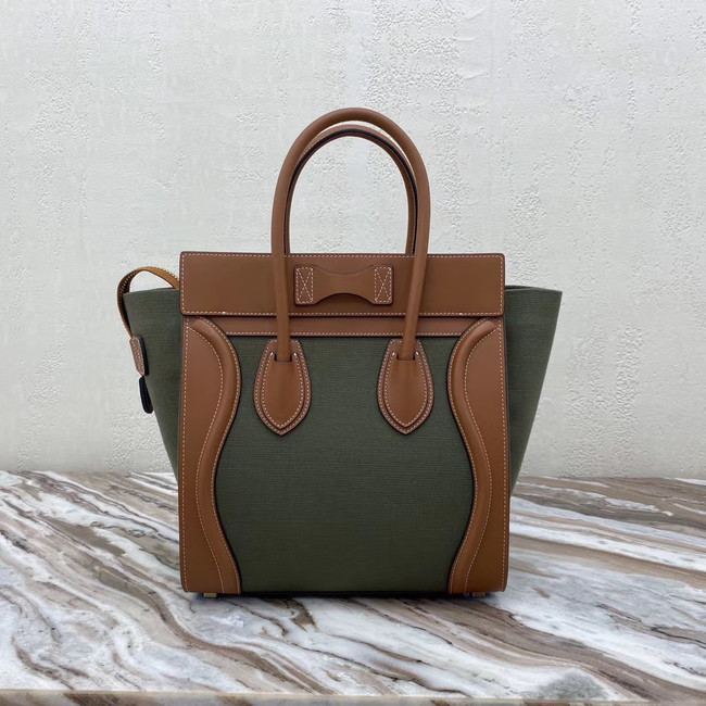 CELINE MICRO LUGGAGE HANDBAG IN TEXTILE AND CALFSKIN 167793 TAN&Khaki