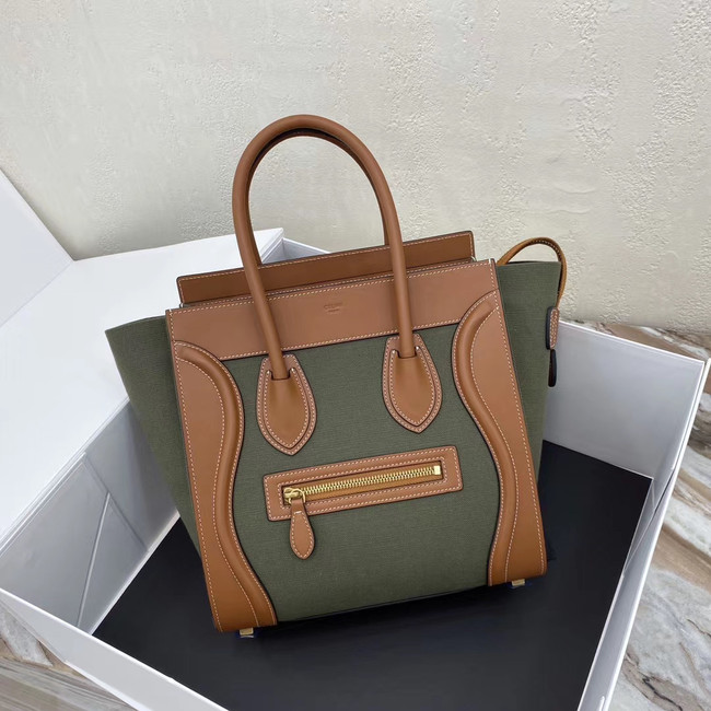 CELINE MICRO LUGGAGE HANDBAG IN TEXTILE AND CALFSKIN 167793 TAN&Khaki