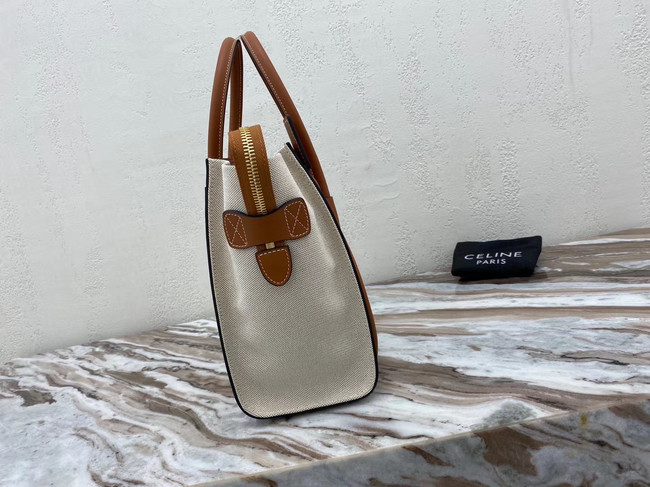 CELINE MICRO LUGGAGE HANDBAG IN TEXTILE AND CALFSKIN 167793 TAN&WHITE