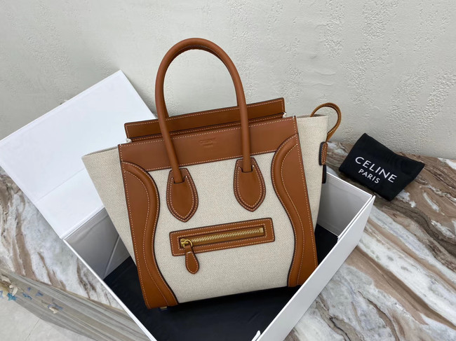 CELINE MICRO LUGGAGE HANDBAG IN TEXTILE AND CALFSKIN 167793 TAN&WHITE