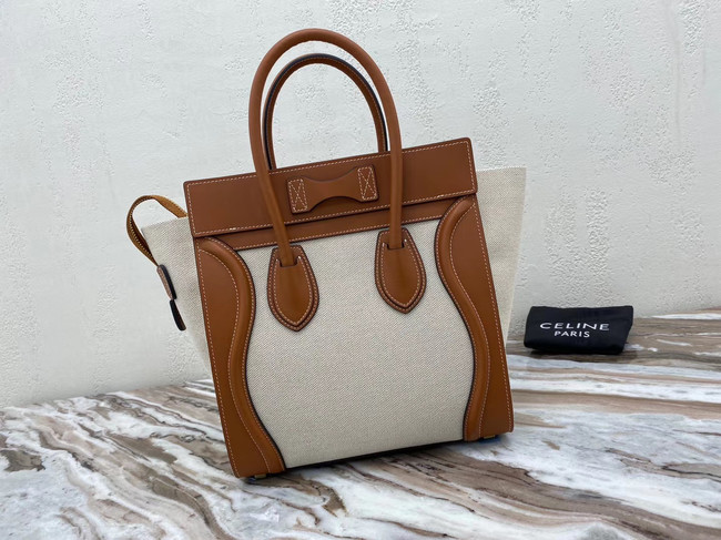 CELINE MICRO LUGGAGE HANDBAG IN TEXTILE AND CALFSKIN 167793 TAN&WHITE