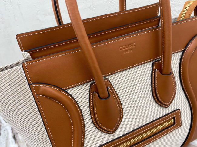 CELINE MICRO LUGGAGE HANDBAG IN TEXTILE AND CALFSKIN 167793 TAN&WHITE