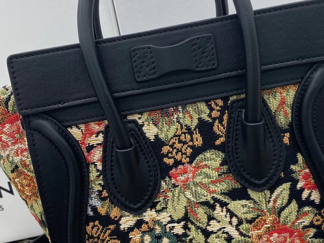 CELINE NANO LUGGAGE BAG IN FLORAL JACQUARD AND CALFSKIN 189242 BLACK