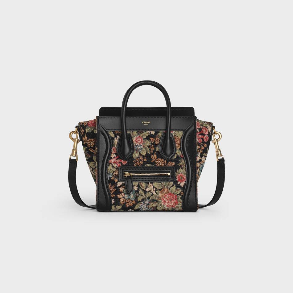 CELINE NANO LUGGAGE BAG IN FLORAL JACQUARD AND CALFSKIN 189242 BLACK