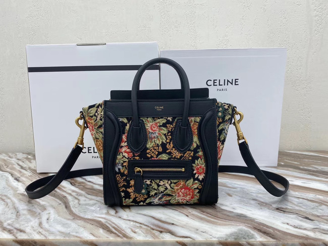 CELINE NANO LUGGAGE BAG IN FLORAL JACQUARD AND CALFSKIN 189242 BLACK