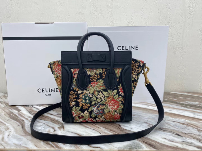 CELINE NANO LUGGAGE BAG IN FLORAL JACQUARD AND CALFSKIN 189242 BLACK