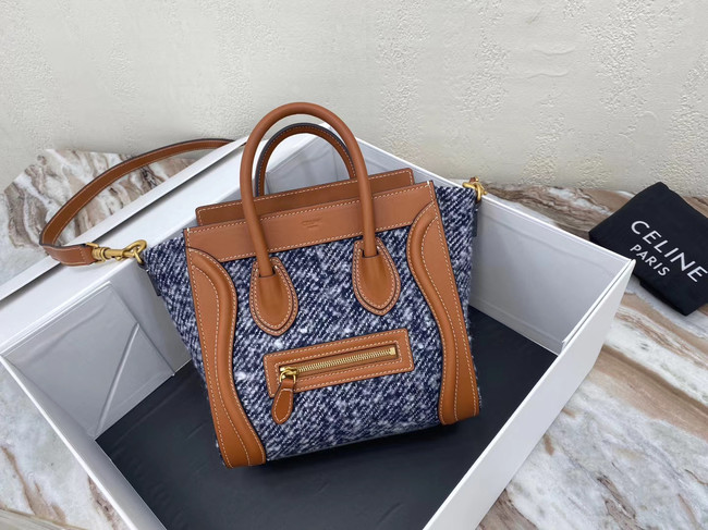 CELINE NANO LUGGAGE BAG IN FLORAL JACQUARD AND CALFSKIN 189242 TAN&BLUE