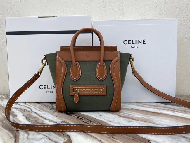 CELINE NANO LUGGAGE BAG IN FLORAL JACQUARD AND CALFSKIN 189242 TAN&Khaki