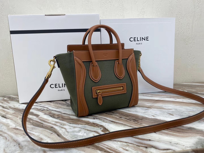 CELINE NANO LUGGAGE BAG IN FLORAL JACQUARD AND CALFSKIN 189242 TAN&Khaki