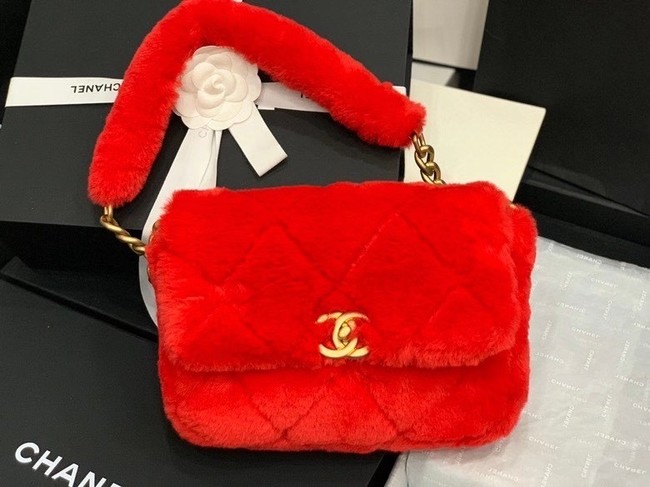 Chanel flap bag Shearling Lambskin & Gold-Tone Metal AS2240 red