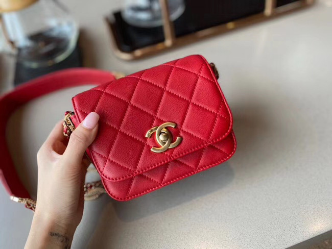 Chanel small flap bag Lambskin & Gold-Tone Metal AS2051 red