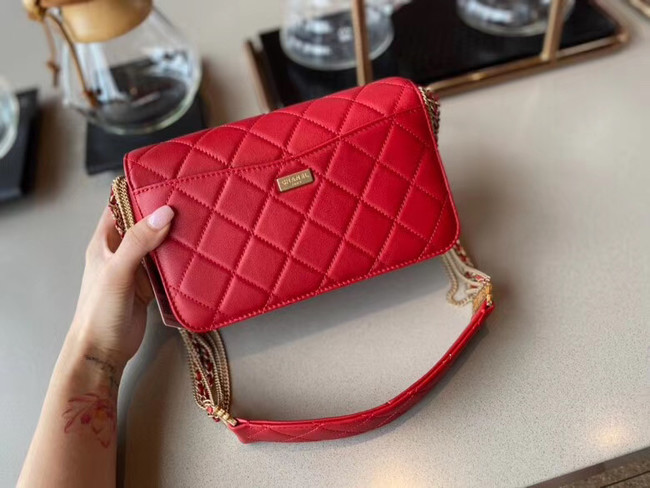 Chanel small flap bag Lambskin & Gold-Tone Metal AS2052 red