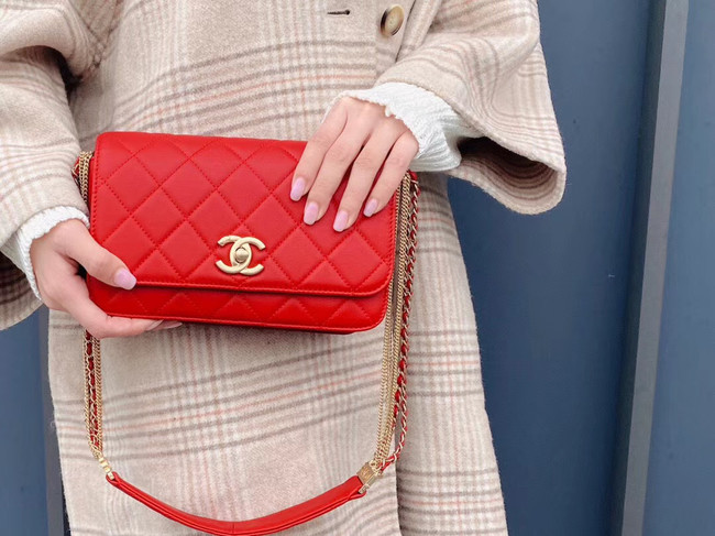 Chanel small flap bag Lambskin & Gold-Tone Metal AS2052 red