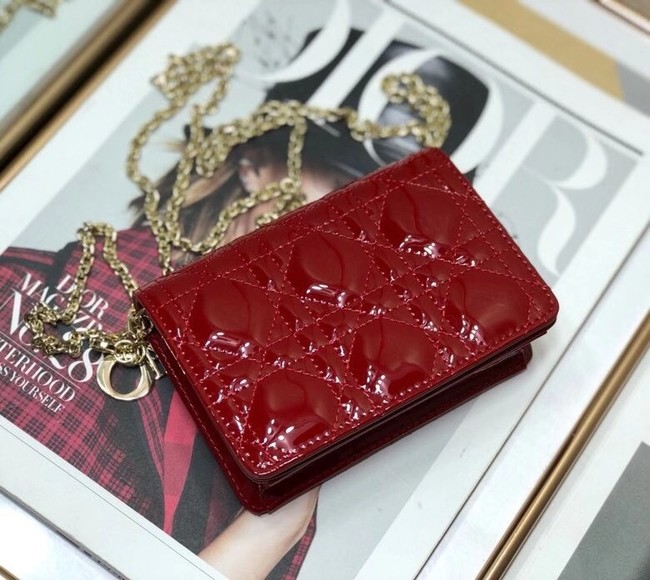 LADY DIOR 5-GUSSET CARD HOLDER WITH CHAIN Patent Cannage Calfskin S0859 red