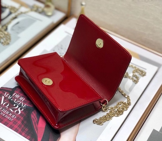 LADY DIOR 5-GUSSET CARD HOLDER WITH CHAIN Patent Cannage Calfskin S0859 red