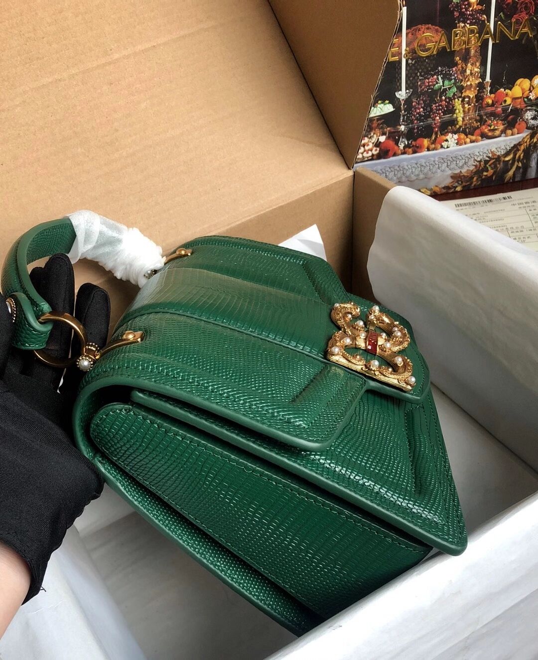 Dolce & Gabbana Origianl Lizard skin Leather Bag 4916F Blackish green