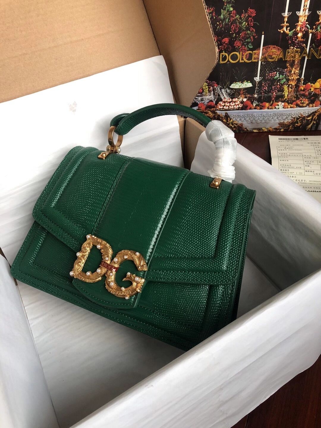 Dolce & Gabbana Origianl Lizard skin Leather Bag 4916F Blackish green