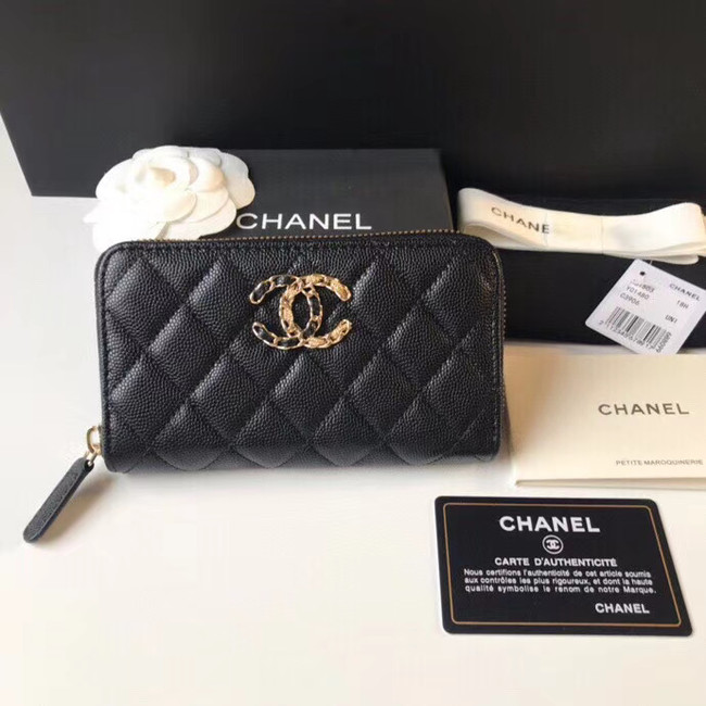 CHANEL 19 Grained Calfskin & Gold-Tone Metal Wallet AP1837 black