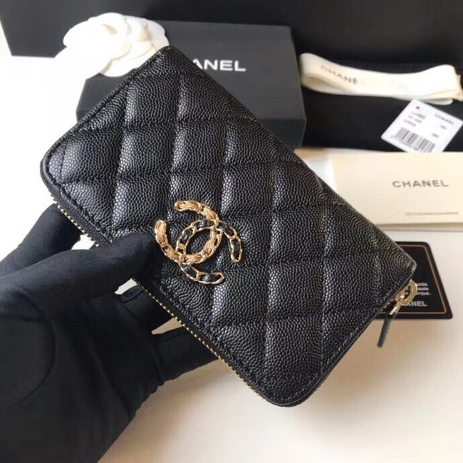 CHANEL 19 Grained Calfskin & Gold-Tone Metal Wallet AP1837 black