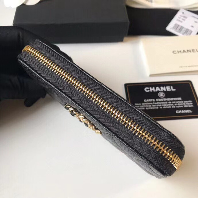 CHANEL 19 Grained Calfskin & Gold-Tone Metal Wallet AP1837 black