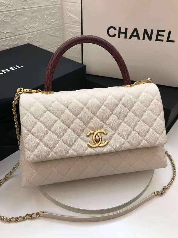 Chanel flap bag with red top handle A92991 white