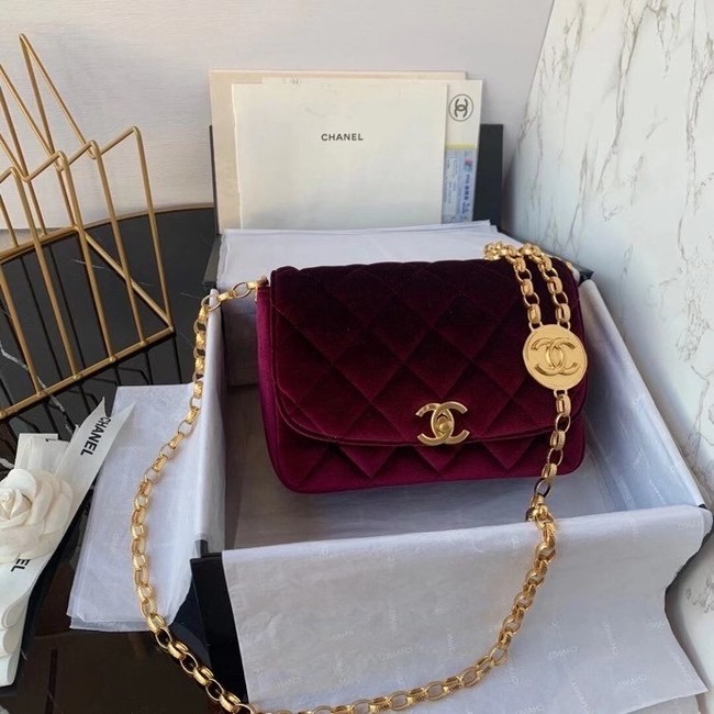 Chanel flap bag velvet & Gold-Tone Metal AS2222 Burgundy