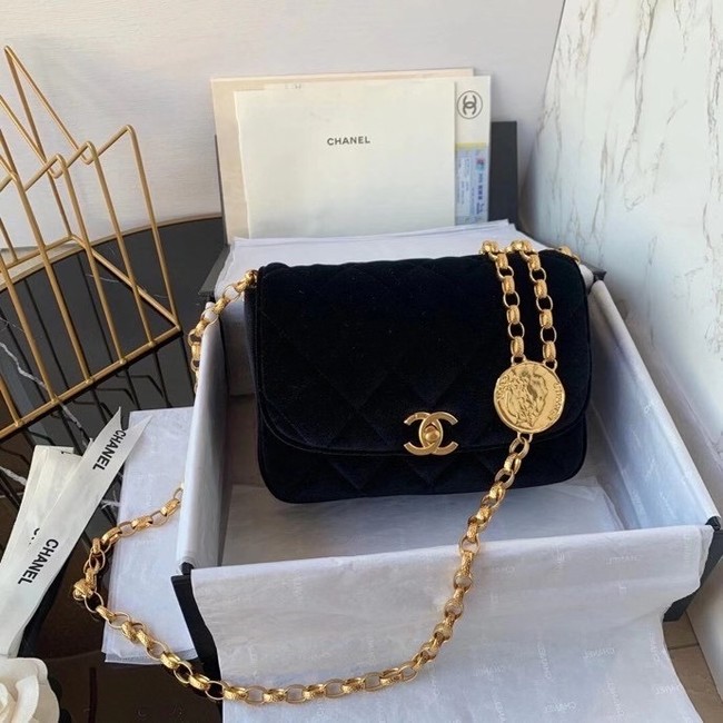 Chanel flap bag velvet & Gold-Tone Metal AS2222 black