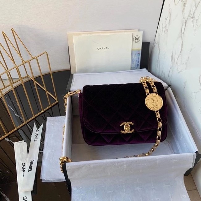 Chanel flap bag velvet & Gold-Tone Metal AS2222 deep purple