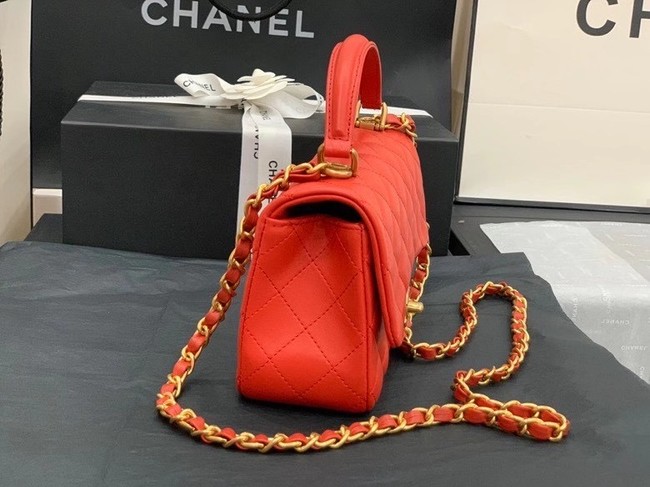 Chanel small tote bag Sheepskin & Gold-Tone Metal AS8816 red