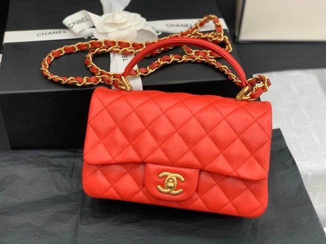 Chanel small tote bag Sheepskin & Gold-Tone Metal AS8816 red