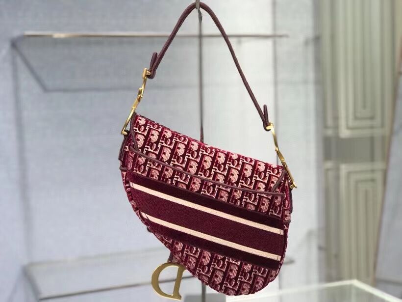 SADDLE BAG Dior Oblique Embroidered Velvet C0044 Burgundy