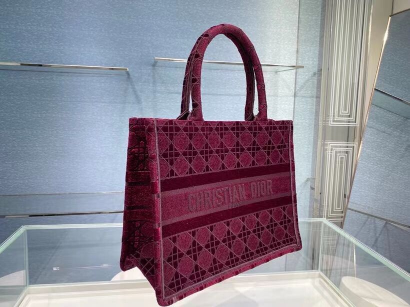 SMALL DIOR BOOK TOTE Burgundy Cannage Embroidered Velvet M1287Z