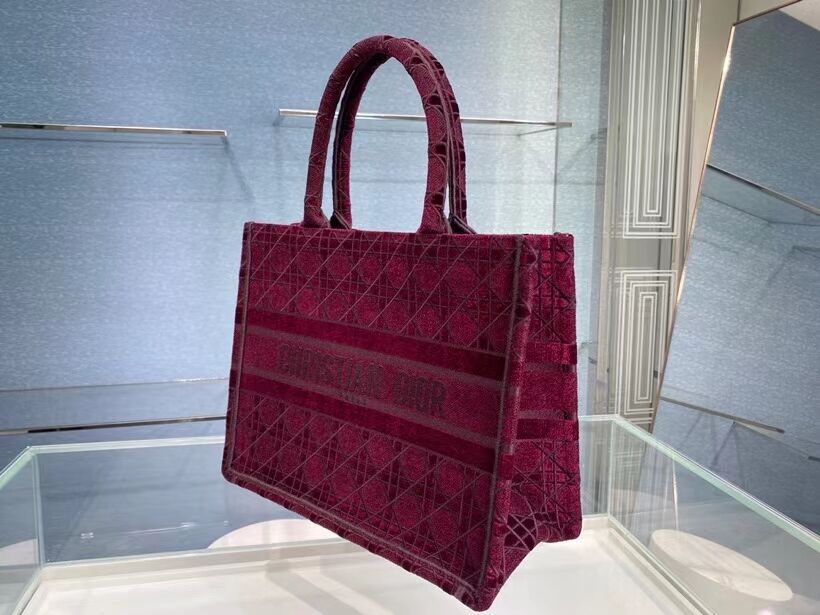 SMALL DIOR BOOK TOTE Burgundy Cannage Embroidered Velvet M1287Z