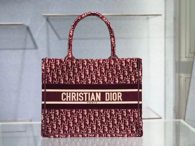 SMALL DIOR BOOK TOTE Burgundy Dior Oblique Embroidered Velvet M1287Z