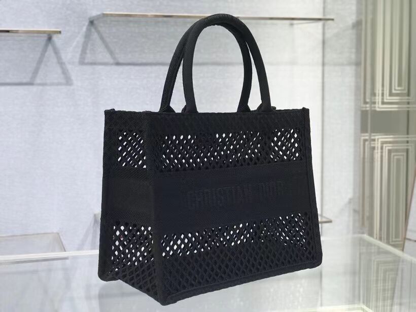 SMALL DIOR BOOK TOTE Black Mesh Embroidery M1296Z