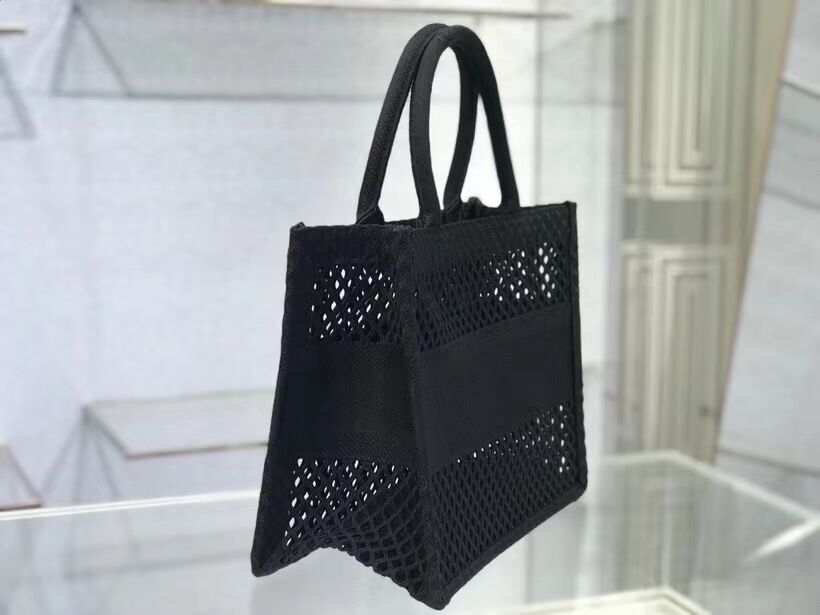 SMALL DIOR BOOK TOTE Black Mesh Embroidery M1296Z