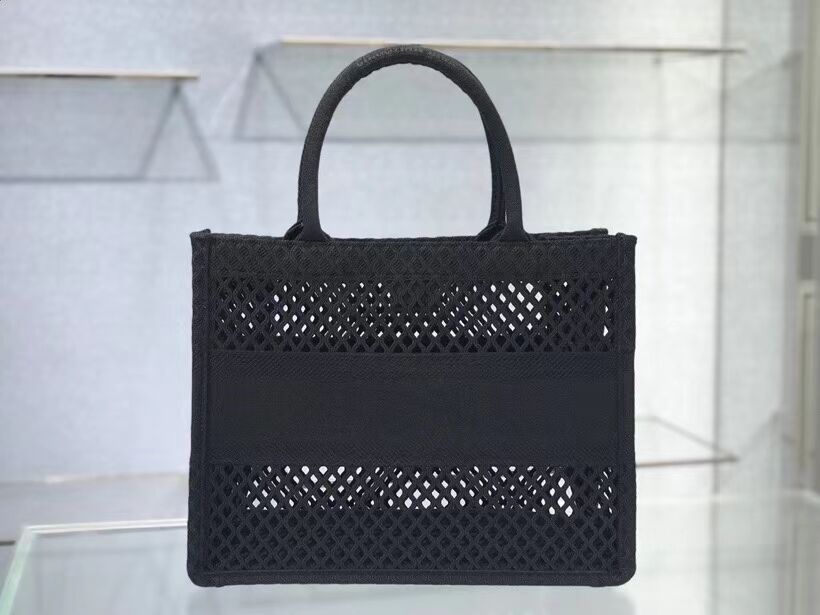 SMALL DIOR BOOK TOTE Black Mesh Embroidery M1296Z